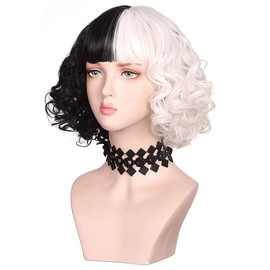 IMISSU Half Black and White Wig Wavy Women's Curly Costume Wigs Lolita Cosplay Wig For Halloween Carnival Party (Short Black and White)