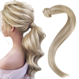 Easyouth Blonde Human Hair Ponytail Extension Blonde Pony Tails Hair Extensions Ash Blonde Highlighted Bleach Blonde Ponytail Extensions Human Hair Wrap Around Ponytail Extension 18Inch 80g