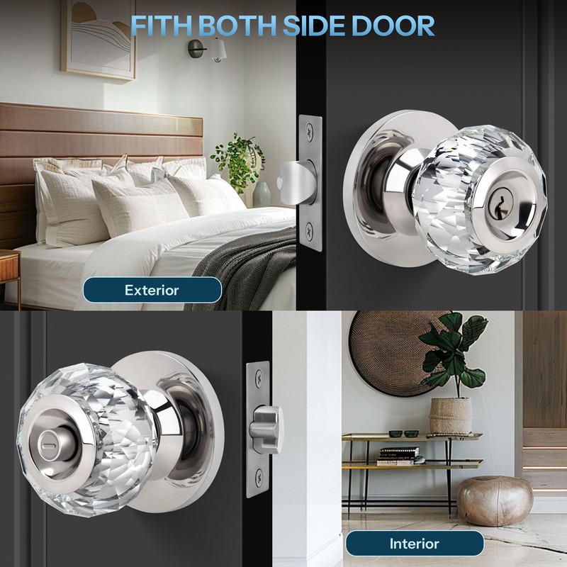 Gaurqiah Crystal Door Knobs with Lock and Keys, Interior Glass