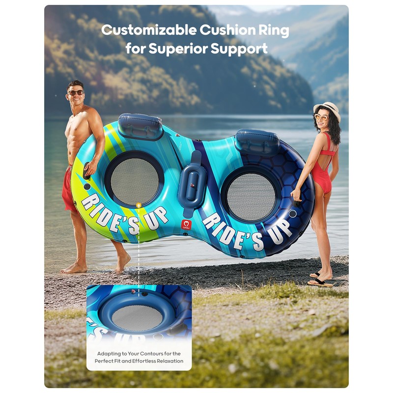 QPAU Inflatable Double River Tube, 2 Person 660lb Capacity, Puncture-Resistant