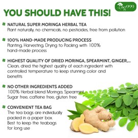 TOG999, Premium 20 Tea bags Super Moringa Herbal Tea, Special Blend of Moringa Leaves, Spearmint Leaves, Ginger, Lemon Peel and Chamomile. No Sugar, No Caffeine, No Gluten, Vegan.