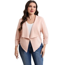 Hobrounn Women's Blazer Large Sizes 3XL-5XL, 3/4 Sleeve Business Blazer with Ruffles Office & Leisure, apricot, XXL