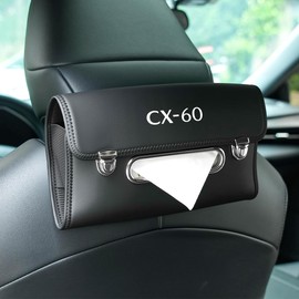 CX-60 Car Tissue Case Stylish with Lid 2-Way Installation for New CX-60 Custom Accessories Car Tissue Holder, Headrest/Handrail/Sun Visor Mount Leather Button Hook Closure Large Capacity In-Car