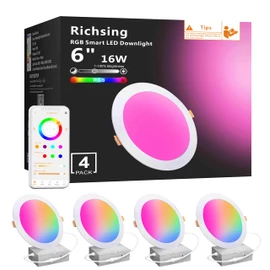 RICHSING Recessed Lighting 6 inch, 4Pack RGBCW Recessed Ceiling Lights with Junction Box, 16W 1350lm LED Recessed Lights 2700 to 6000K Canless LED Downlight Dimmable by Alexa and APP