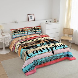 Camper Bedding for Travel Trailers,Colorful Stripes Vintage Barn Door Comforter Set,Happy Camping Duvet Set for Boys Girls Camping Lover,Western Farmhouse Style Bedding Comforter Full Size