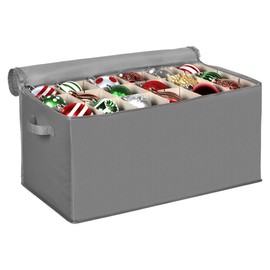 Christmas Ornament Storage Container with Dividers -Box Stores Up to 54 - 4" Ornaments, Zippered, Convenient, Adjustable, Heavy Duty 600D, Large Organizer Bin to Protect and Store Holiday Décor (Grey)