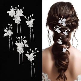 ACO-UINT 5 PCS Wedding Hair Pins Pearl Hair Clips Flower Pins Wedding Accessories for Brides Silver Bridal Headpieces with Crystals