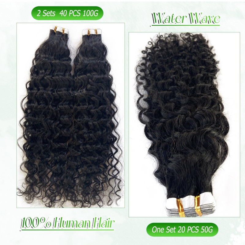 Tape in Hair Extensions Human Hair Water Wave Natural Black