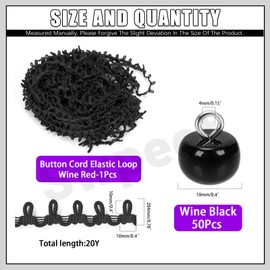 Swpeet 20 Yard Black Nylon Braid Trim with Elastic Button Loop, 50Pcs Half Domed Pearl Buttons Kit, Elastic Cord with Buttonhole for Weddings, Parties & General Use