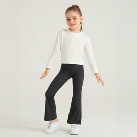 Deuerr Girls' Flare Leggings with Pockets Trendy Girls' Ribbed Knit Bell Bottoms High Waisted Yoga Pants Black for 9-10Years