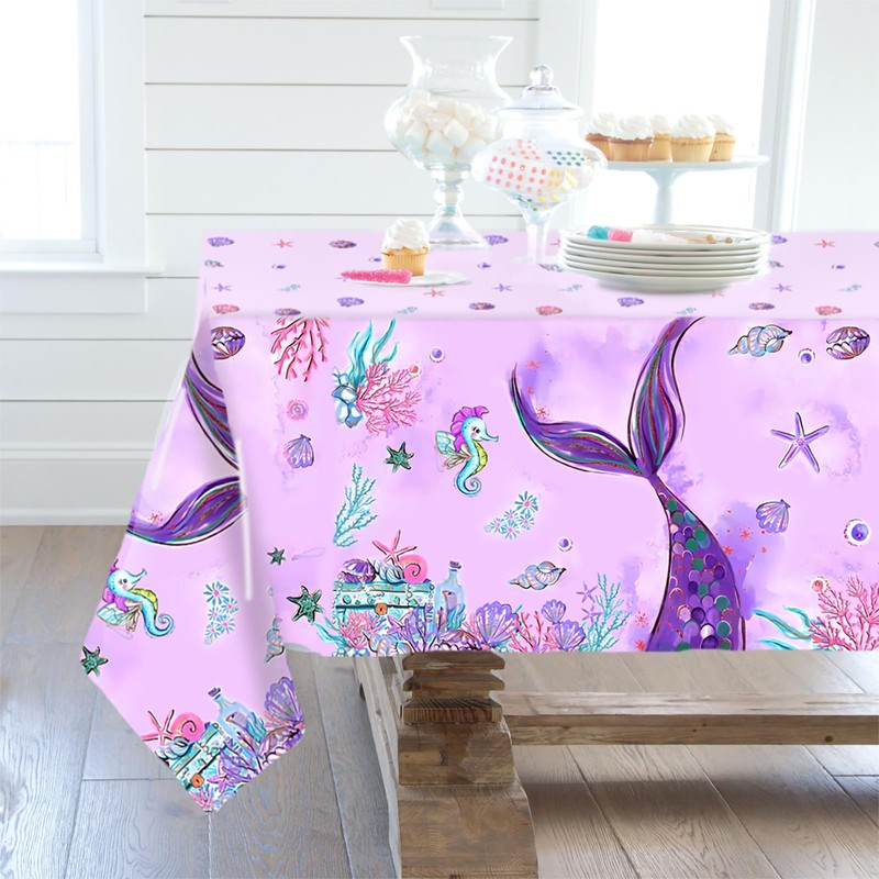 Mermaid Tablecloth - 3PCs, Purple w/ Mermaid Design - Birthday/Baby
