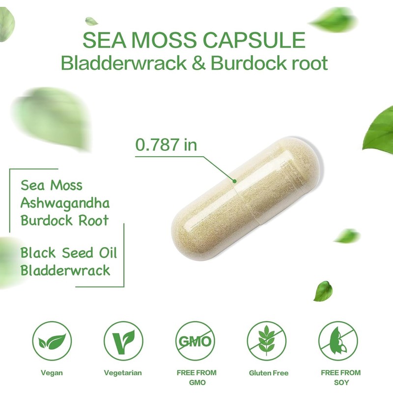 Organic Sea Moss Capsules with BladderwrackBurdock Root and Black Pepper