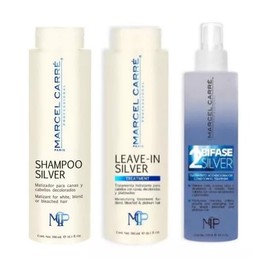 SHAMPOO SILVER 300ML TRATAMIENTO LEAVE IN CARE SILVER 300ML Y BI FASE SILVER TRATAMIENTO ACONDICIONADOR MATIZADOR 240ML MARCEL CARRE