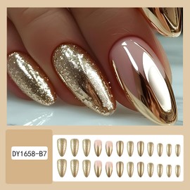 Gold French Tip Press on Nails Medium Almond Shaped Coffin Nails Golden Glitter Powder Design Fake Nails Glossy Solid Colors Acrylic Nails Charm Stick on Nails Manicure Glue on Nails for Women 24pcs
