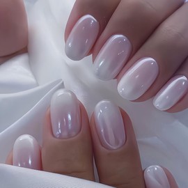 Short Press on Nails Square Fake Nails with Design Pink White Ombre Glitter False Nails Acrylic Nails Artificial Glue on Nails Cute Glossy Nail Supplies Stick on Nails for Women 24 Pcs