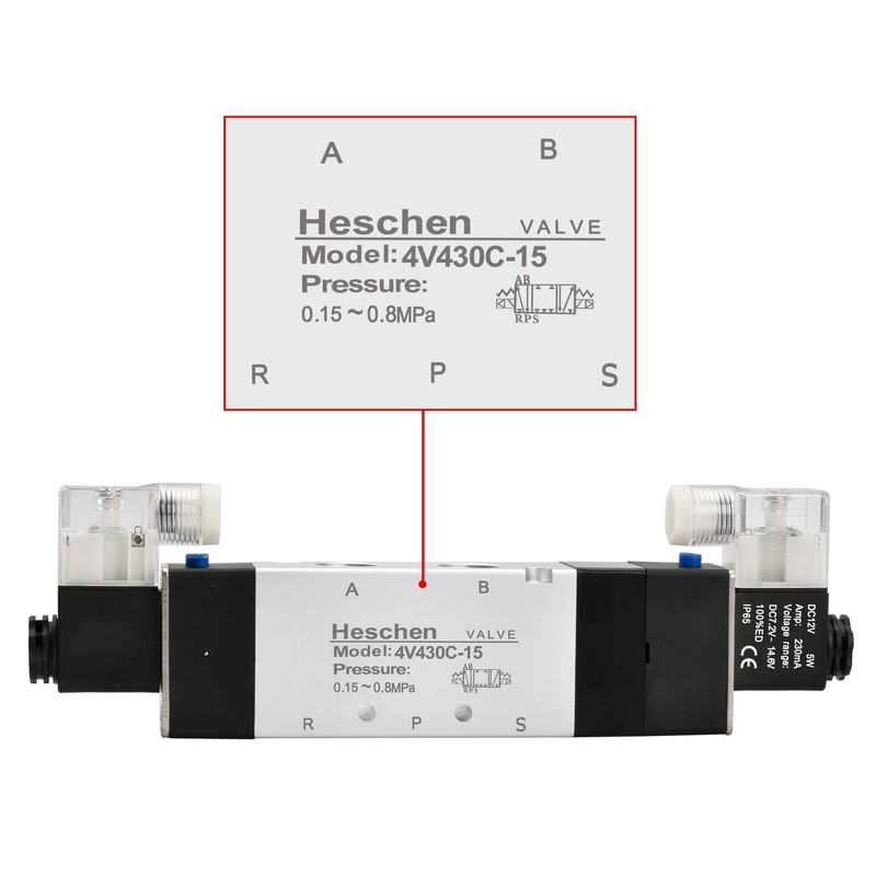 Heschen Electrical Pneumatic Solenoid Valve, 4V430C-15, 12VDC, PT1/2'', 5 Way