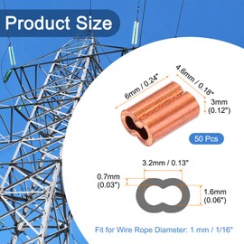sourcing map Copper Duplex Oval Crimping Sleeve 1/16"(1.2mm) Cable Ferrule Crimping Loop Sleeve for Wire Rope Cable Fishing Line, Pack of 50