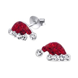 Sterling Silver Santa Earrings - Christmas Hat with Sparkly Crystal Stones