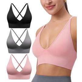 3Pack Womens Deep V-Neck Longline Sports Bra, Strappy Criss Cross Padded Cups Adjustable Spaghetti Straps Workout Yoga Crop Top