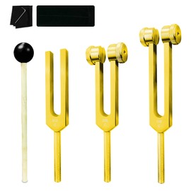 Tuning Fork Set 3 Pcs 128Hz 256Hz 512Hz Tuning Forks for Healing Chakra Set with Reflex Hammer for Buddhists Yoga Teacher Sound Healer Golden in Color