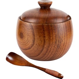 Hominas Wooden Sugar Bowl, 8 x 9 cm, Exquisite Spice Jar, Salt Jar with Spoon and Lid, Spice Pot for Kitchen Spices, Spices, Pepper