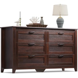 WLIVE Wood Dresser for Bedroom, Double 6 Drawer Dresser with Metal Handle, Large Wooden Chest of Drawers for Living Room, Hallway, Closet, Rustic Brown
