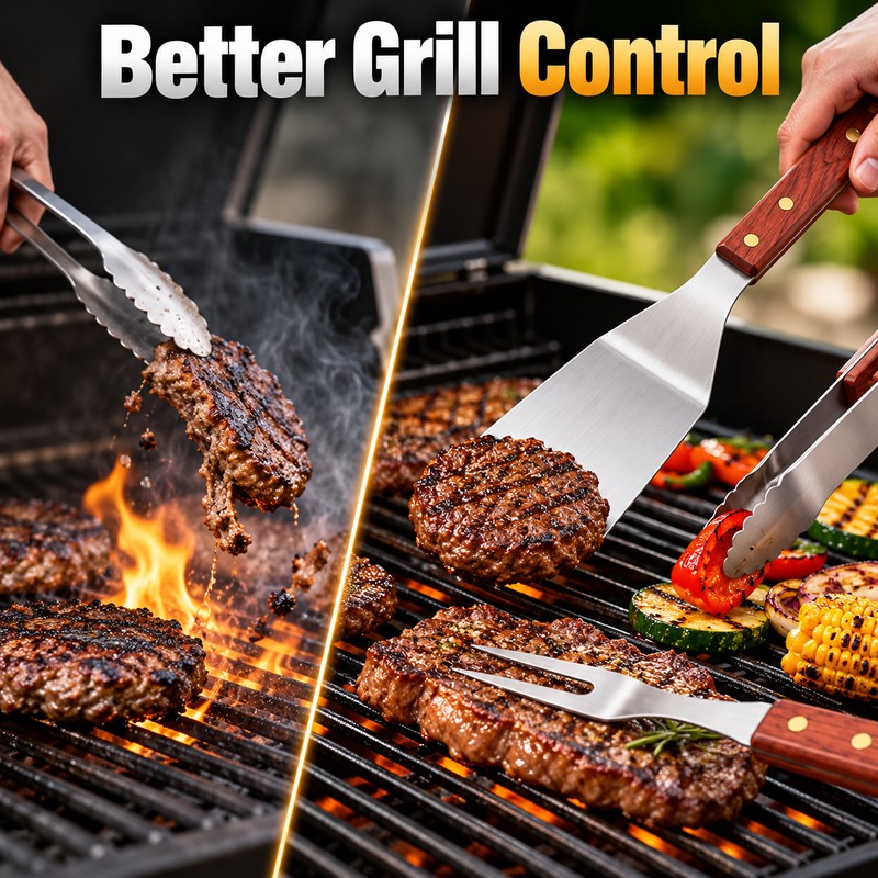 3-Piece Stainless Steel BBQ Tool Set with Rosewood Handles –