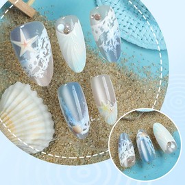 30 uñas postizas de verano para playa, estilo almendra, estilo francés, con diseño de concha de océano, acrílicas, con pegamento 3D para manicura de o