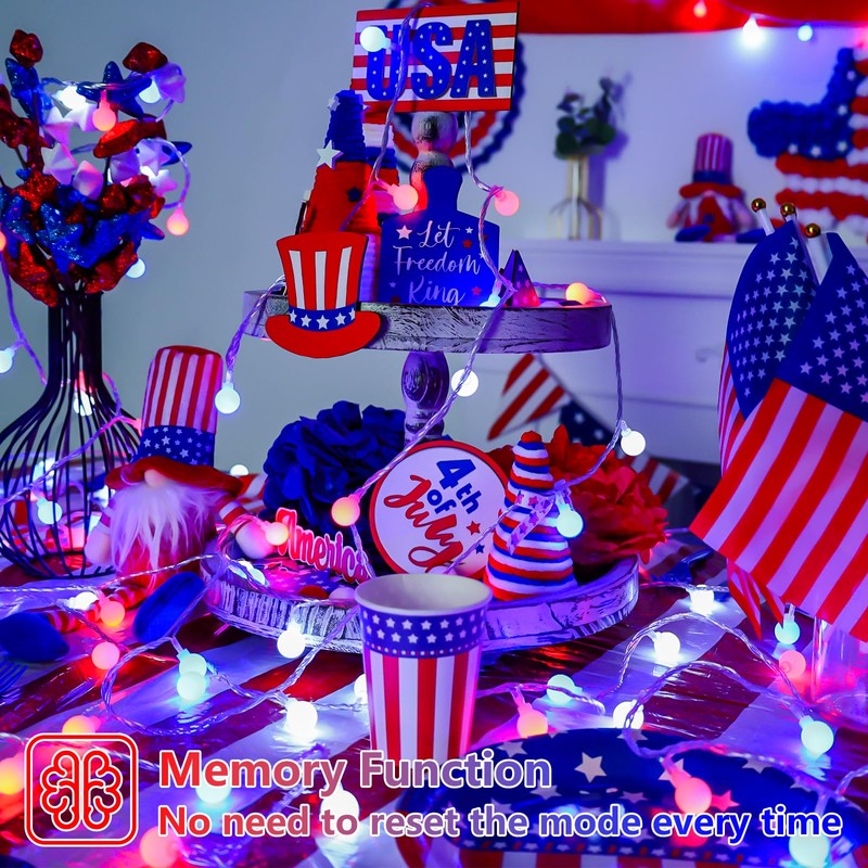 YEGUO Red White and Blue Globe String Lights, 33ft 100LED