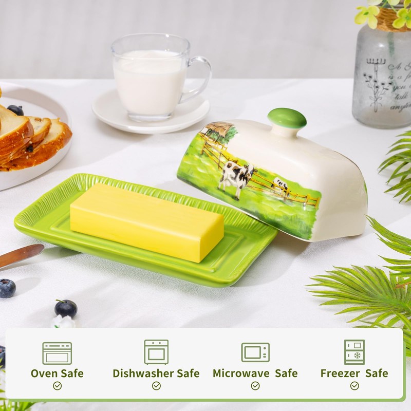 Cow Butter Dish with Lid for Countertop, Large Ceramic Embossed