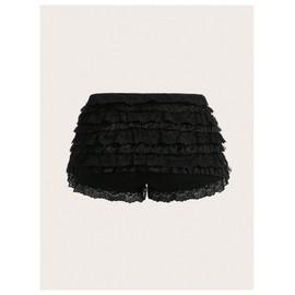 BEAUDRM Women's Y2K Ruffle Lace Shorts Lolita Bloomers Layered Low Waisted Shorts Bow Front Pumpkin Short Pants Black Large