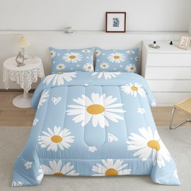 Homewish Daisy Comforter Set Twin Size White Flower Leaves Bedding Set 2pcs for Kids Boys Girls Women Bedroom Decor,Botanical Garden Artwork Quilt Set Soft Polyester Blue Duvet Insert,1 Pillowcase