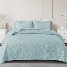 Exclusivo Mezcla Quilt Set Full Queen Size, Lightweight Vintage Quilts with 2 Pillow Shams, Soft Queen Bedspreads Coverlets Bedding Set for All Seasons, (90"x96", Light Blue)