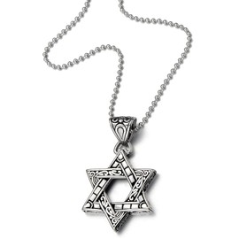 COOLSTEELANDBEYOND Vintage Unisex Star-of-David Pendant Necklace for Man for Women Stainless Steel with 30 inches Ball Chain