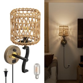 N11-1 Rattan Boho Plug In Wall Sconce Dimmable Touch Control Rustic Rattan Hardwired Wall Lamp with USB-A & Type-C Charging Ports, E26 Base, 1 Pack Wall Lights for Bedrooms Living Room (Bulb Included)