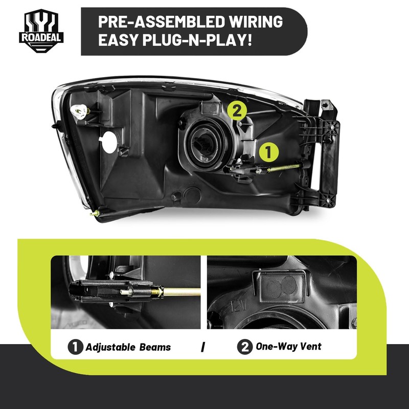 ROADEAL Headlights W/Bulbs for 2006 2007 2008 Dodge Ram 1500/2500/3500,