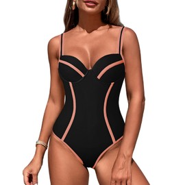 Jollkichay - Traje de baño de una pieza para mujer, con control de abdomen, sexy push up, traje de baño con bloques de color, Negro Naranja, M
