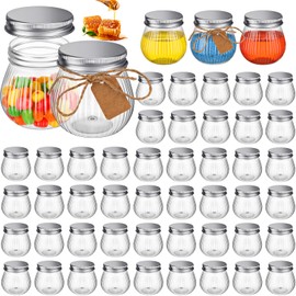 Yungyan 50 Pcs 4 oz Clear Plastic Jars with Lids, Wide Mouth Mason Jars Yogurt Jars with Lids and Tags Mini Storage Containers Bulk for Herb Jelly Wedding Favors Shower Party Favors(Silver Cap)