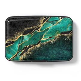 Credit Card Holder Wallet, Small RFID Metal Credit Cards Wallet Cute Pocket Business Card ID Case for Women Men, Teal Marble
