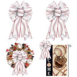 ALIBBON 2 Pcs Baseball Bows for Wreaths, Baseball Wreath Bows, Sports Bows for Front Door, Baseball Sports Decor, White Burlap Bows for Sports Wreath Indoor Outdoor Decoration