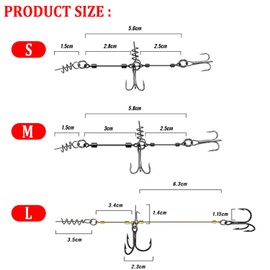 Pack of 2 stinger hooks with leader system, screw in pike systems for rubber fish, with jig head, shallow rig pike stinger systems, for bait of sizes S, M, L (M)