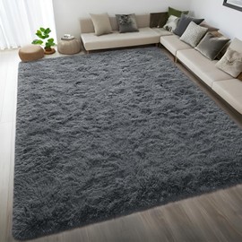 DweIke Fluffy Dark Grey 5x8 Area Rugs for Bedroom Living Room, Soft Plush Shaggy Deep Gray Girls Boys Kids Rug, Non-Slip and Machine Washable Carpet for Dorm Nursery Classroom Decor