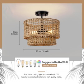 Boho Light Fixtures Ceiling Mount,13inch Semi Flush Mount Ceiling Light,Farmhouse Rattan Ceiling Light with 2-Tier Drum Shade,Bedroom Flush Chandelier for Nursery Kitchen Entryway Living Room