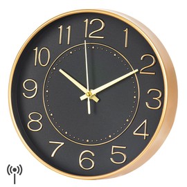 HZDHCLH Children's Wall Clock, Radio-Controlled Wall Clock, 25 cm Wall Clock, Silent Radio-Controlled Clock, Time Automatic Change, Suitable for Living Room, Kitchen, Office (Black Gold)