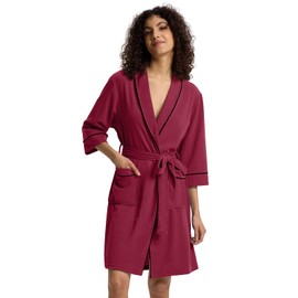 SIORO Summer Waffle Knit Robe for Women, Short Lightweight Bathrobe with Pockets, 3/4 Sleeve Robe with Shawl Collar for Spa