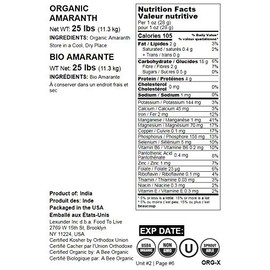 Organic Amaranth Grain, 25 Pounds - Whole Seeds, Non-GMO, Kosher, Vegan, Bulk