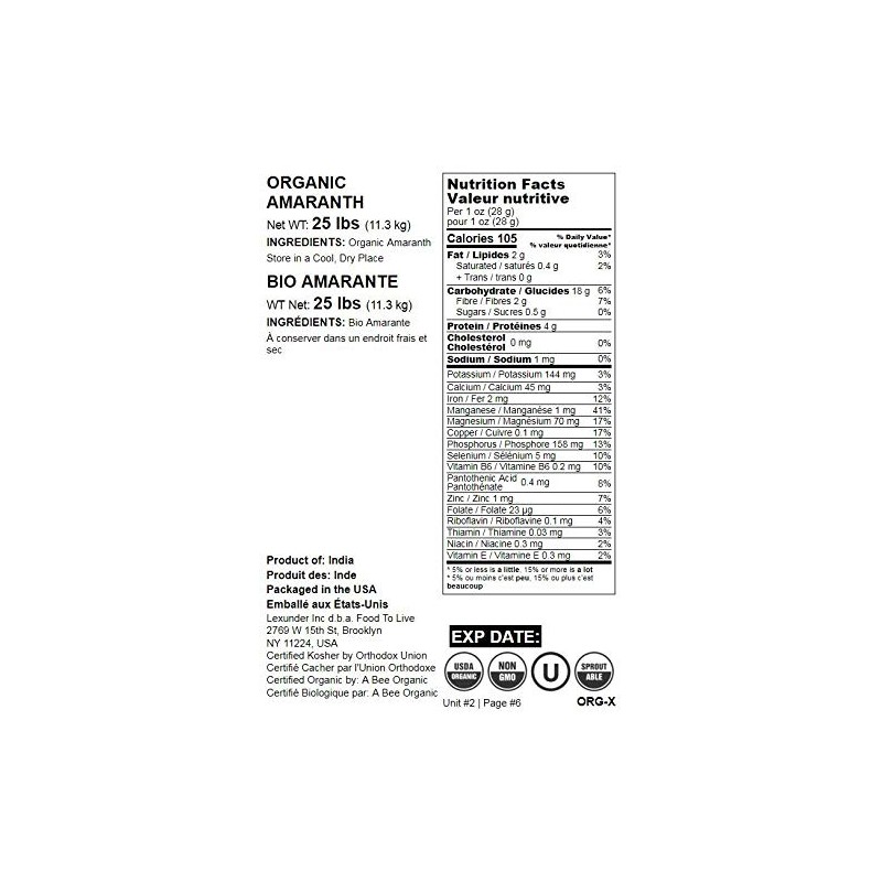 Organic Amaranth Grain, 25 Pounds - Whole Seeds, Non-GMO, Kosher,