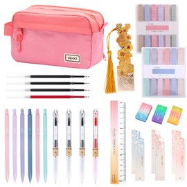 38 Pcs Pencil Case for Girls Boys, Aesthetic School Supplies Large Pencil Case with Highlighters Mechanical Pencils Gel Pen Pen Refill Ruler Eraser Bookmark for Back to School Kids Students (Pink)