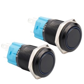 Yakamoz 2Pcs 16mm Waterproof Latching Push Button Switches, 12V Self-Locking Button On Off with Sockets Blue LED Wiring Harness for Automotive, Marine, Industrial Machinery and DIY.