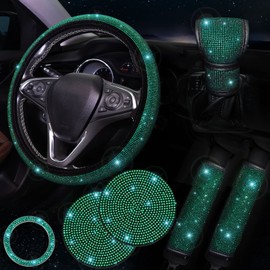 ToBeQueen Green Diamond Bling Car Accessories Set, 7 Pack: Steering Wheel Cover (15 inch), Seat Belt Cushions (2), Gear Shifter Cover, Push Start Button Cover, Car Cup Coasters (2), Green